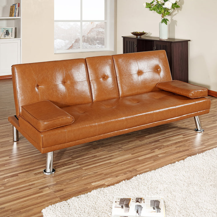 Caramel Futon Sofa by Naomi Home, Designed with Armrests and Built-In Cupholders